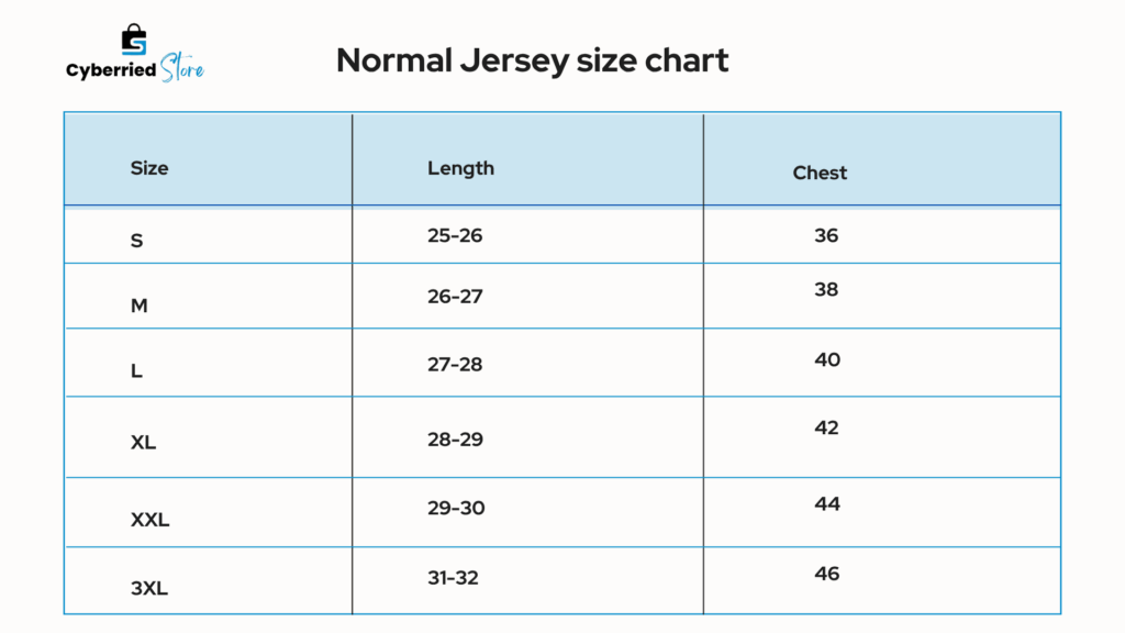cyberried store jersey size chart