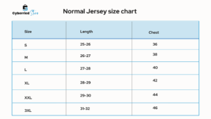 cyberried store jersey size chart