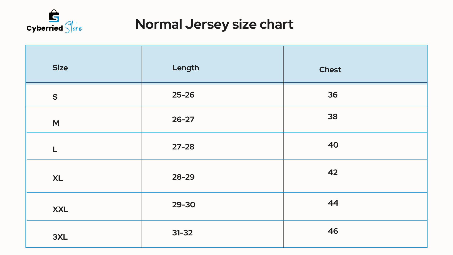 cyberried store jersey size chart