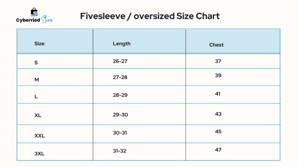 cyberried store oversized jersey size chart