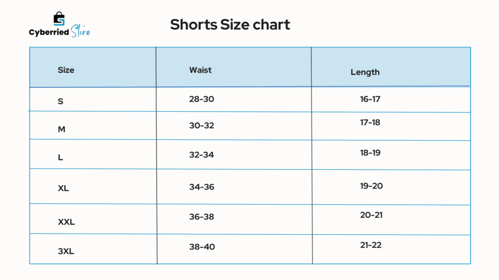 cyberried store shorts size chart