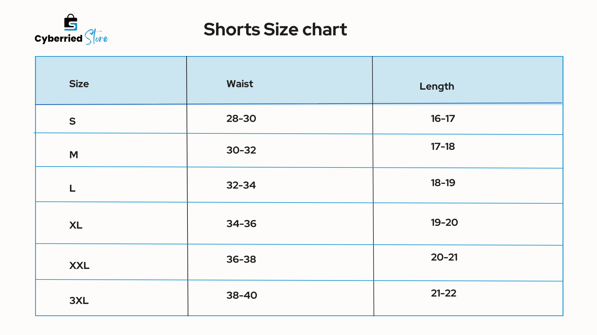 cyberried store shorts size chart